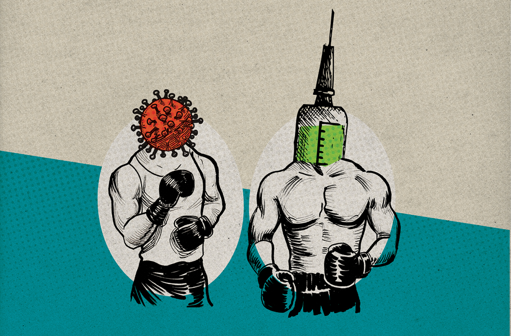 Drawings depict the torsos of two male figures, shirtess and wearing boxing gloves. One figure has a virus shape instead of a head and the other has a syringe.